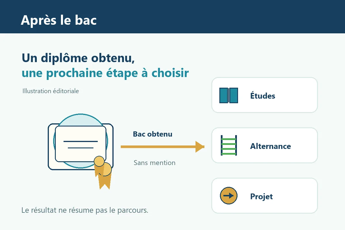Illustration éditoriale d'un bac obtenu sans mention et des choix possibles après les résultats