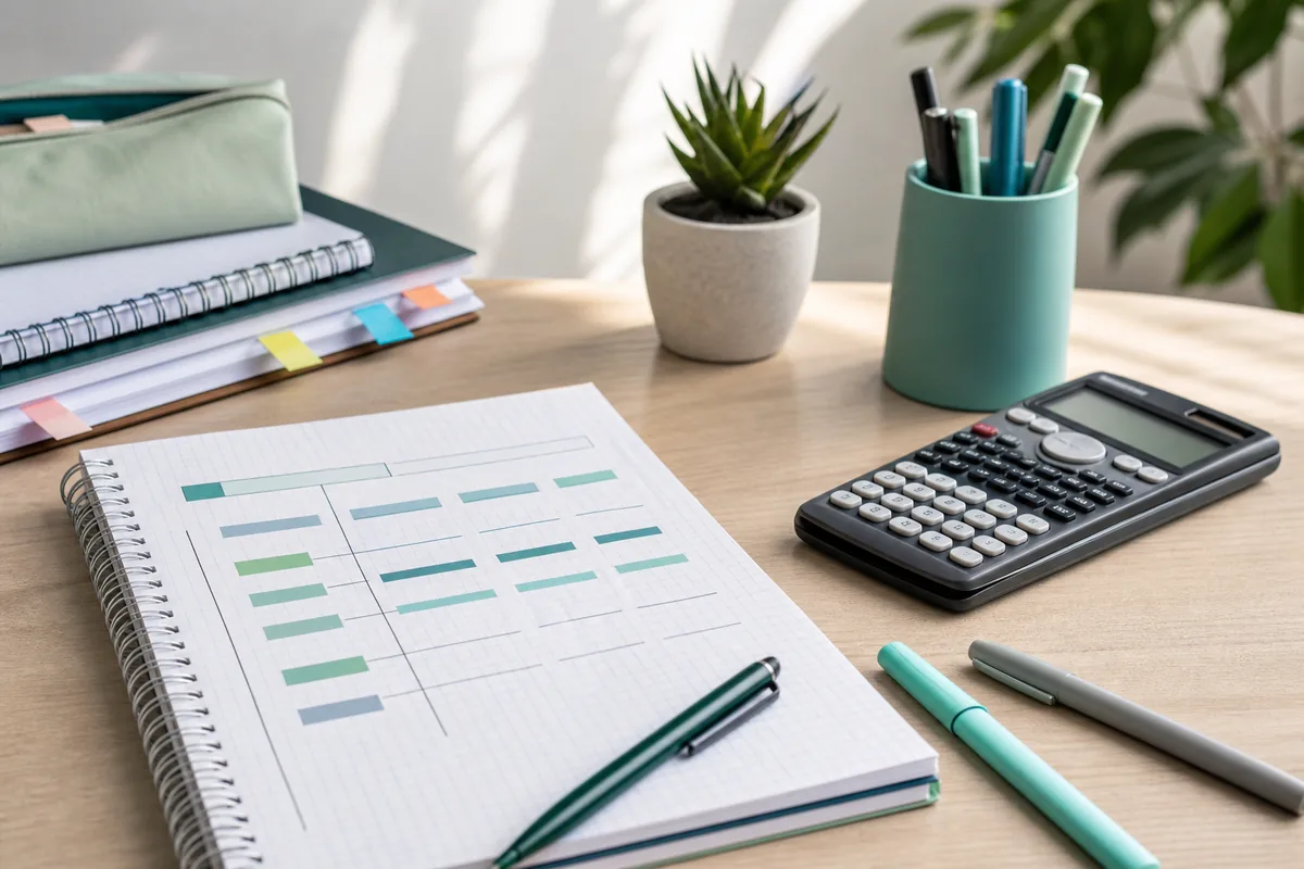 Table de travail avec calculatrice et grille de coefficients du bac 2026