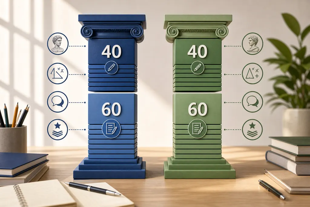 Deux colonnes illustrant les 40 coefficients de contrôle continu et les 60 coefficients d'épreuves