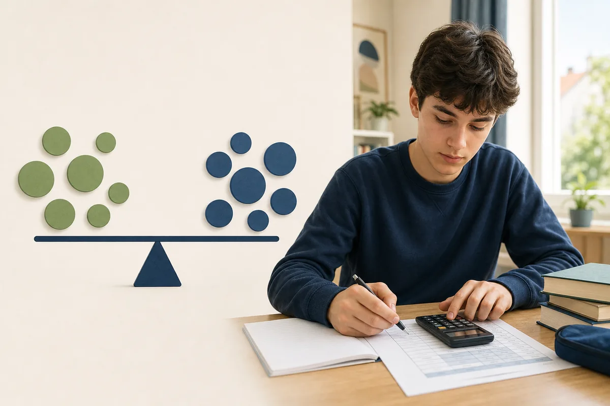 Élève calculant ses points du bac avec deux groupes d'évaluations pondérées