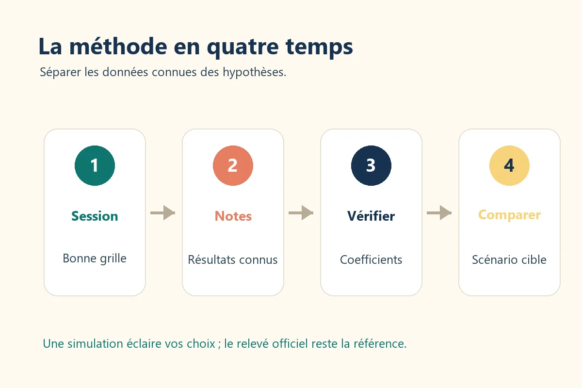 Schéma en quatre étapes pour utiliser un simulateur ST2S : choisir la session, saisir les notes, vérifier les coefficients et comparer un scénario