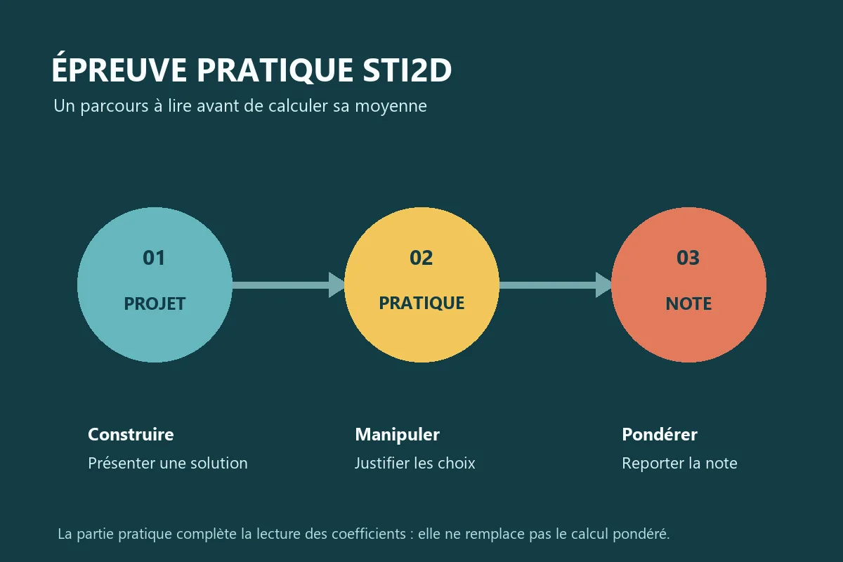 Schéma en trois étapes reliant projet, pratique et note pour le bac STI2D