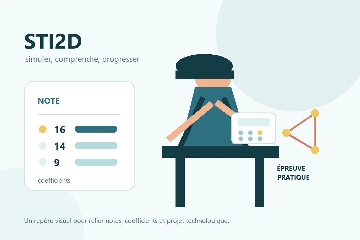Illustration d'un élève reliant notes, coefficients et projet technologique STI2D